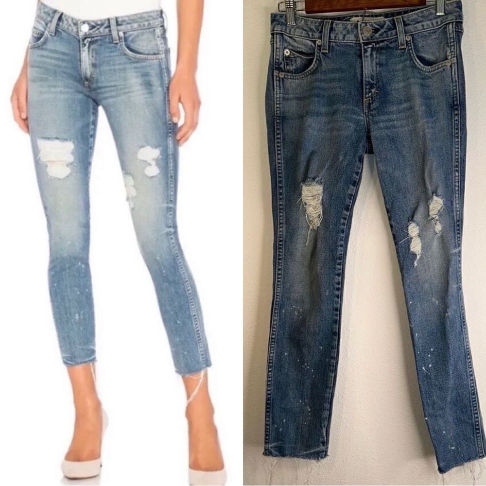 AMO Womens 26” Stix Crop MidRise Distressed Speckled‎ Raw Hemline Skinny Jeans